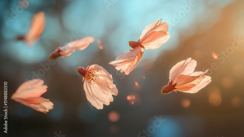 Spring Horizontal banner with sakura flowers. Beautiful nature season background with a branch of blooming cherry. Copy space for text, selective focus