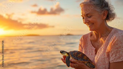 Smiling marine biologist cradling a rescued sea turtle on a tropical beach during a stunning sunset, embodying hope and conservation efforts