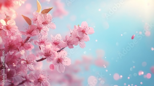 Spring Horizontal banner with sakura flowers. Beautiful nature season background with a branch of blooming cherry. Copy space for text, selective focus