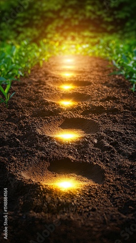 Social Justice Movements and Global Change depicted as a close-up of footprints in the dirt, symbolizing the enduring journey for equality, with glowing light accentuating the path forward