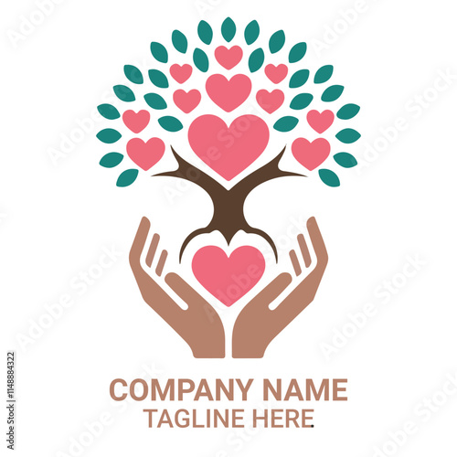 Heart Tree: A stylized representation of a tree adorned with heart-shaped leaves and held in the nurturing embrace of open hands, symbolizing growth, love, and care.