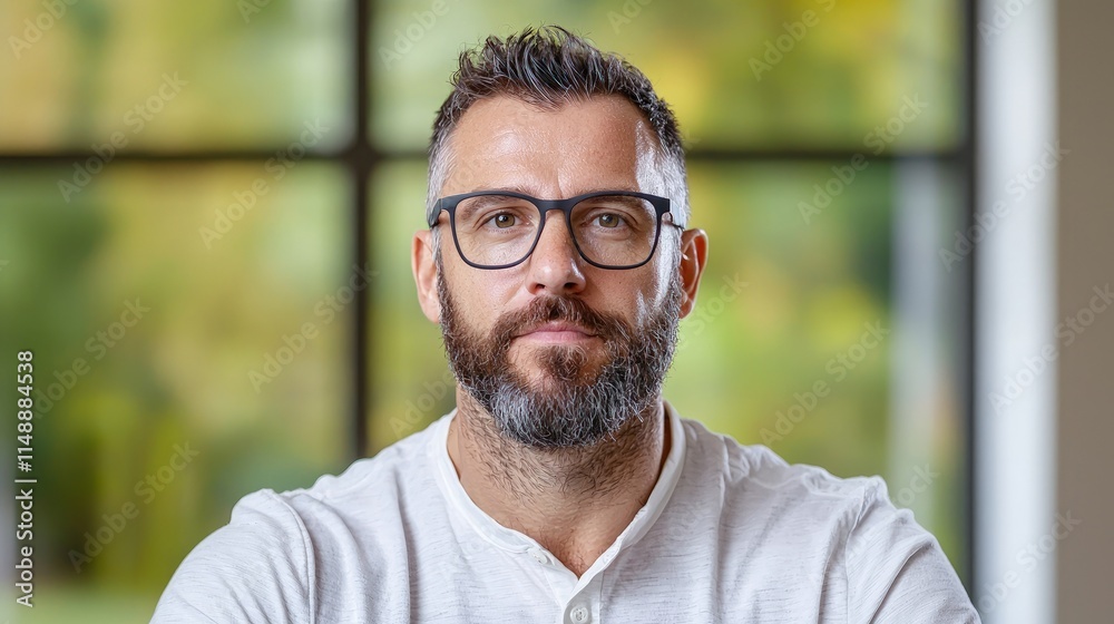 Portrait of a man with beard and glasses, indoors. Portrait of a man with beard and glasses, indoors.
