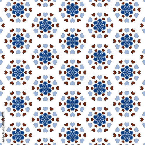 Seamless Blue Flower and Heart Pattern on White Background