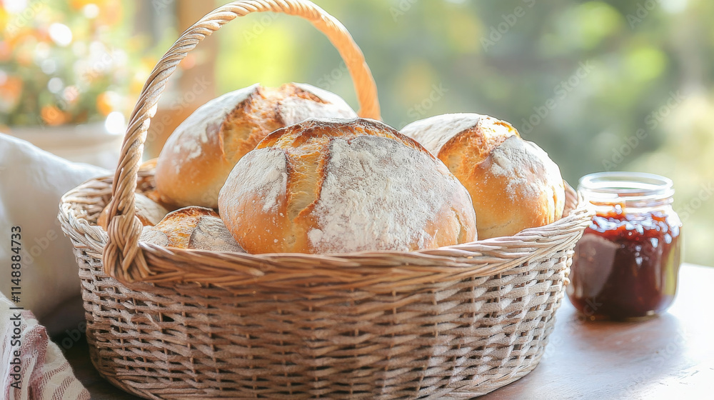 Freshly baked bread rolls in woven basket with jam, creating cozy atmosphere Freshly baked bread rolls in woven basket with jam, creating cozy atmosphere