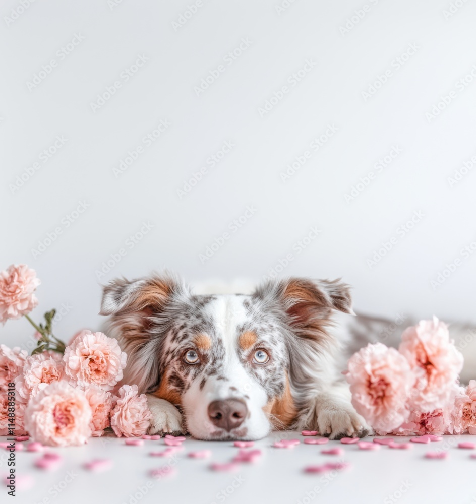 Cute pet in love with rose flower. Adorable domestic animal Valentine Banner with place for text. Greeting card floral concept design Cute pet in love with rose flower. Adorable domestic animal Valentine Banner with place for text. Greeting card floral concept design