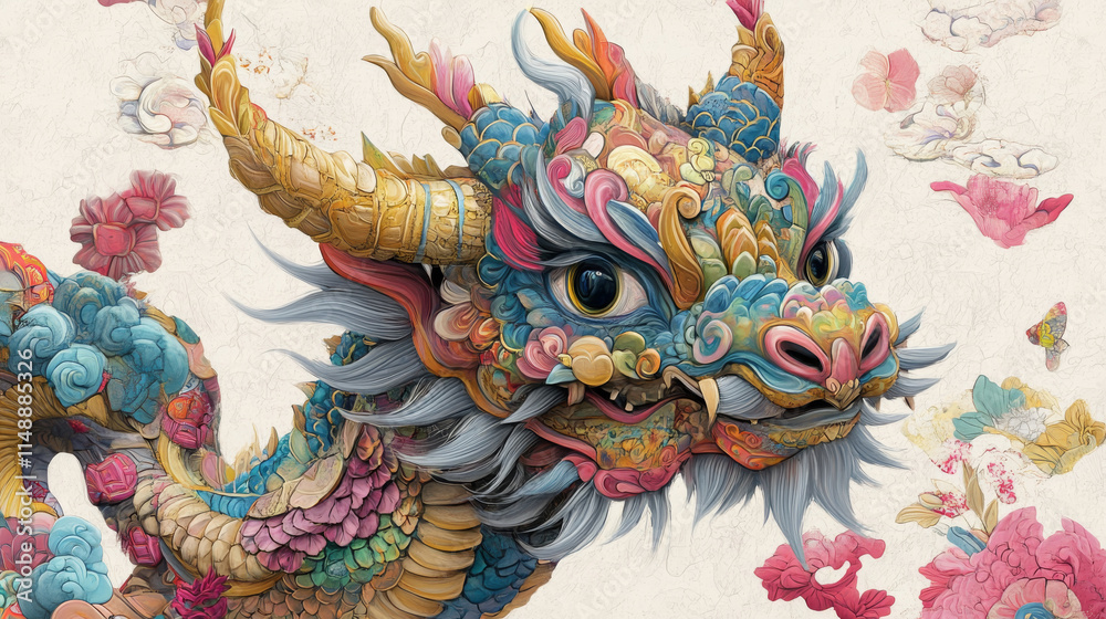 Fototapeta premium vibrant dragon adorned with intricate patterns and colors, surrounded by whimsical clouds and flowers, evokes sense of wonder and fantasy