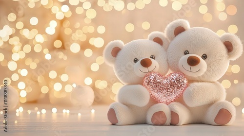 Adorable teddy bears with heart, bokeh lights