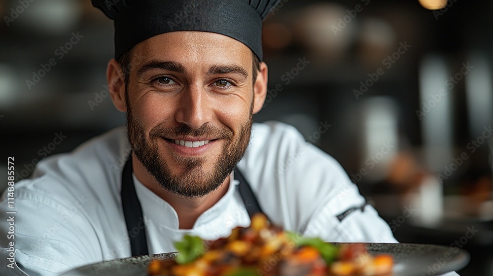 A smiling chef presents a beautifully plated dish in a modern restaurant setting. A smiling chef presents a beautifully plated dish in a modern restaurant setting.