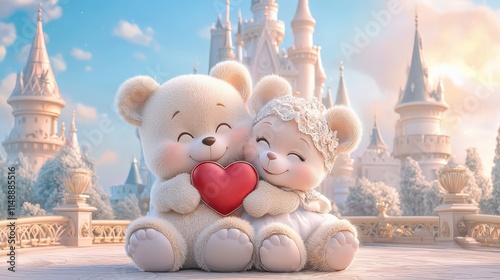 Adorable teddy bears in love, fairytale setting