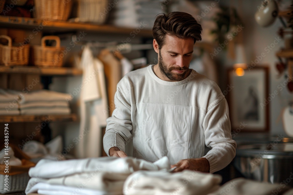 A man in a light sweater carefully folds clean towels in a warm and inviting home goods store. The space features wooden shelves filled with various textiles, creating a relaxed atmosphere A man in a light sweater carefully folds clean towels in a warm and inviting home goods store. The space features wooden shelves filled with various textiles, creating a relaxed atmosphere