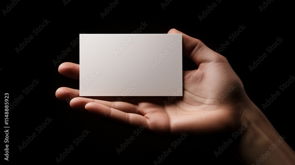 A hand with long fingers holding a blank white business card, positioned against a soft black background. The stark contrast between the white card and the dark backdrop makes the A hand with long fingers holding a blank white business card, positioned against a soft black background. The stark contrast between the white card and the dark backdrop makes the