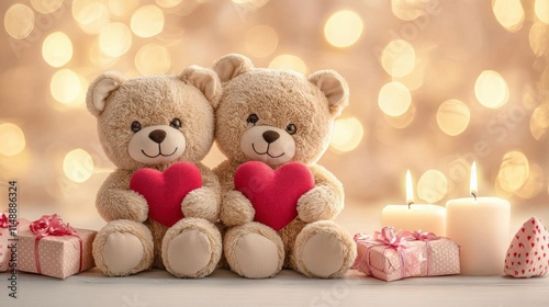 Romantic teddy bears with gifts and candles