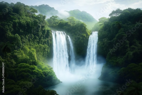 Scenic waterfall cascades down jungle. Water flows over rocks in tranquil setting. Rich green plants surrounds waterfall. Natural beauty of exotic destination. Perfect for travel, adventure lovers.