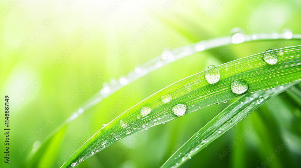 Closeup of dew drops on blades of vibrant green grass, glistening under soft morning sunlight, creating a refreshing natural scene