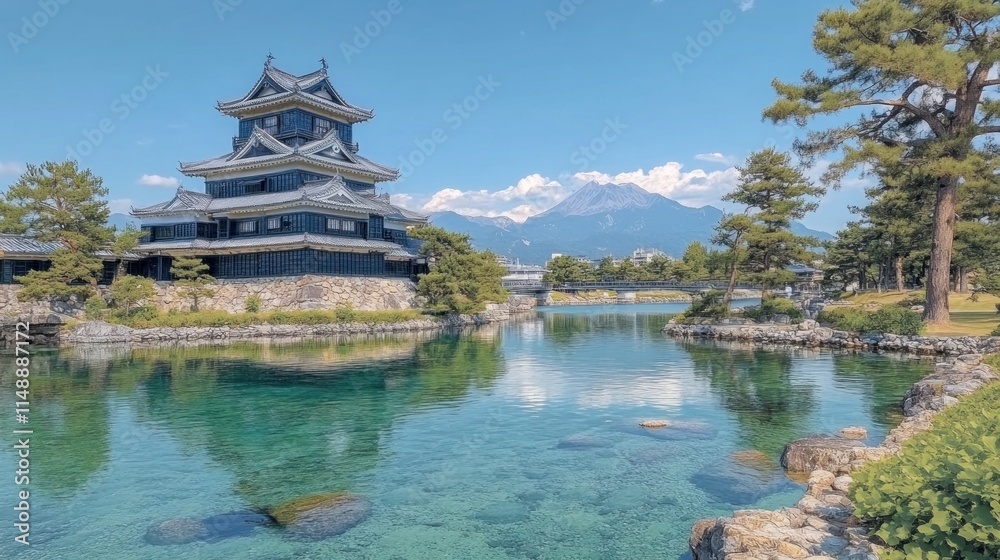 Majestic black castle reflected in a tranquil moat, with mountains in the background. Majestic black castle reflected in a tranquil moat, with mountains in the background.