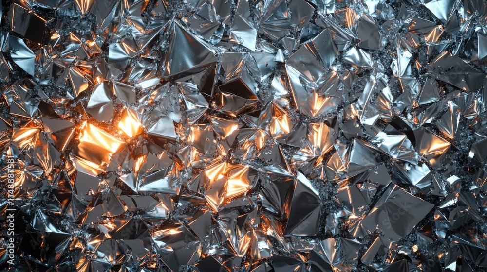 Metallic surface with intertwined shiny facets reflecting warm light