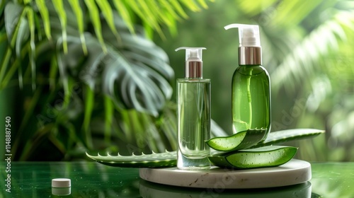 Aloe vera skincare bottles on a marble surface with fresh aloe leaves and lush greenery in the background, emphasizing natural beauty and hydration... photo