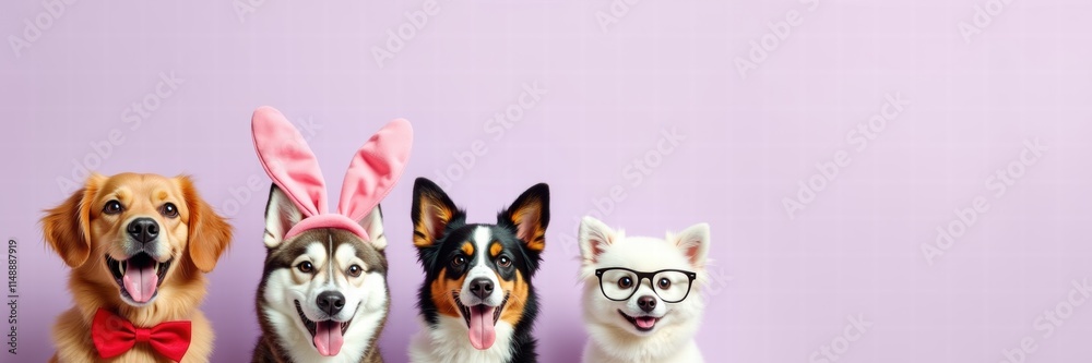 A playful and adorable lineup of dogs dressed in fun accessories, perfect for pet-themed promotions, social media content, or marketing materials focused on animal care. A playful and adorable lineup of dogs dressed in fun accessories, perfect for pet-themed promotions, social media content, or marketing materials focused on animal care.