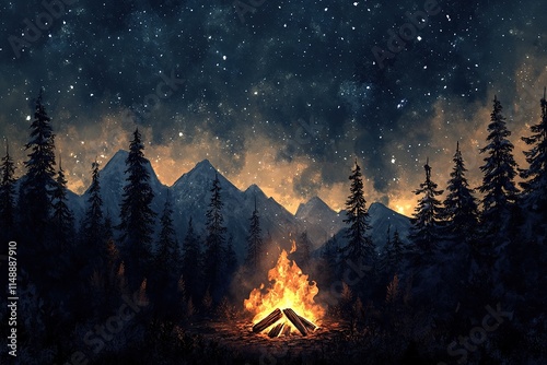 Photo of a campfire with flames dancing in the night sky, surrounded by tall trees and mountains