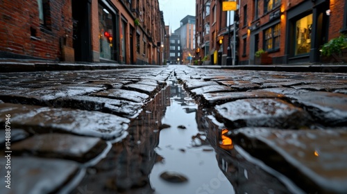 The flicker of a gaslight illuminating cobbled streets photo