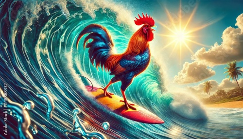 Rooster Surfing a Towering Wave in a Vibrant Summer Scene with Dramatic Lighting