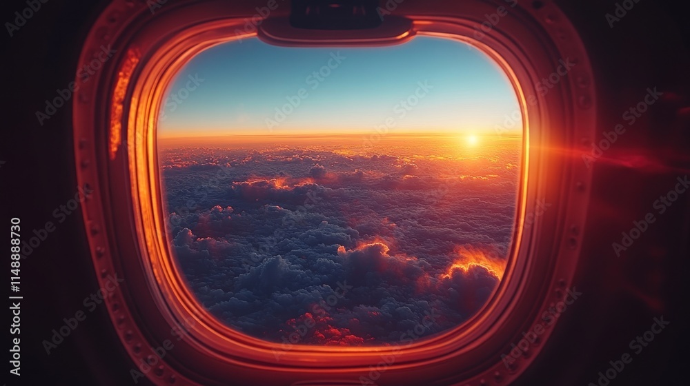 Fototapeta premium Airplane window sunset view over clouds.