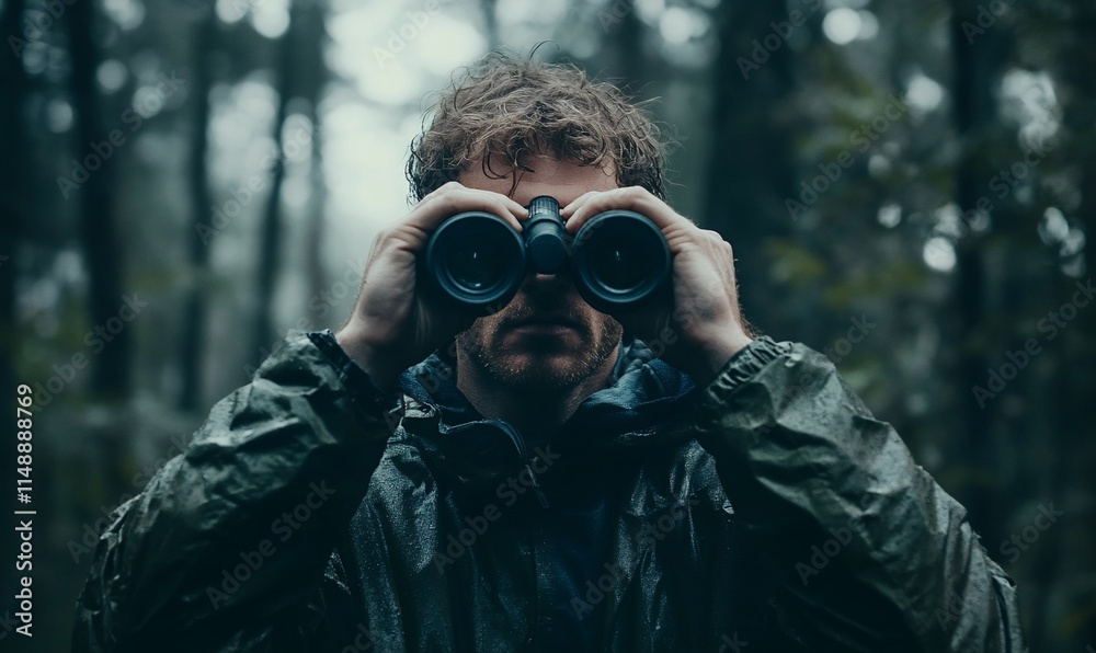 A man in a raincoat using binoculars in a forest setting. A man in a raincoat using binoculars in a forest setting.
