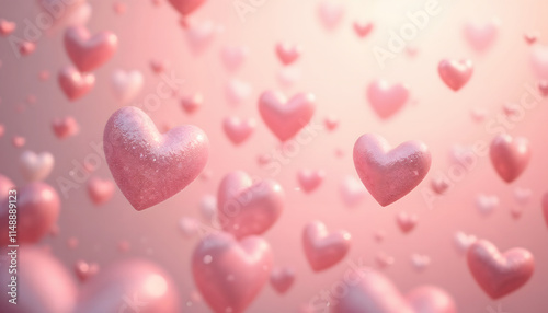Glittering rose gold hearts floating in a pastel gradient sky for Valentine's Day or wedding