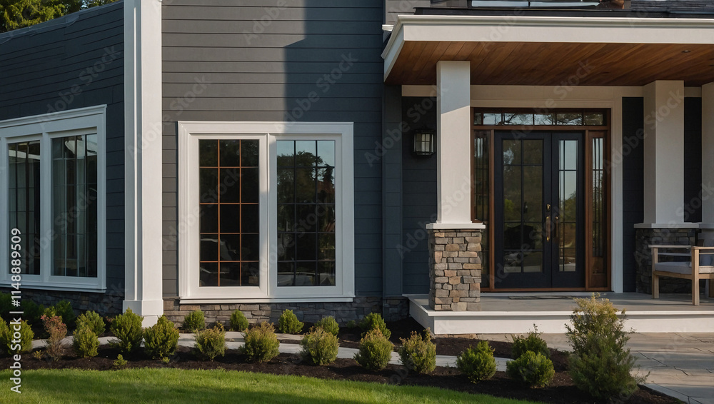 Obraz premium Exterior view of a modern home showcasing dark gray siding, white-framed windows, a stone-accented porch with a double door, and neatly landscaped shrubs.