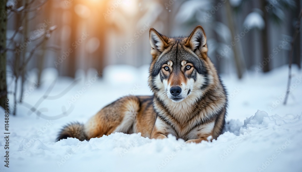 Naklejka premium Relaxed wolf lying in the snow with a contemplative expression and soft evening light in the forest