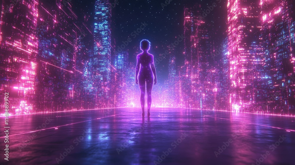 Woman Stands in Neon Lit Futuristic Cityscape Woman Stands in Neon Lit Futuristic Cityscape