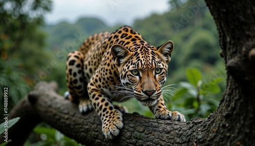 Stealthy leopard crouching on a tree branch, showcasing its spots in a lush jungle setting photo