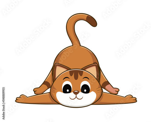 Cartoon cat in a yoga pose stretching with a happy expression