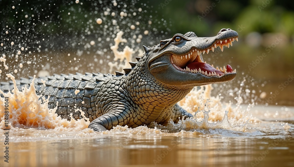 Fototapeta premium Aggressive crocodile splashing water while hunting in a river with fierce expression