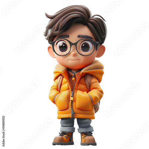 A cartoon boy wearing glasses and a yellow jacket