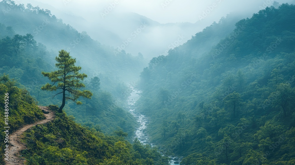 Serene mountain landscape with a winding river and misty valleys under a tranquil blue sky