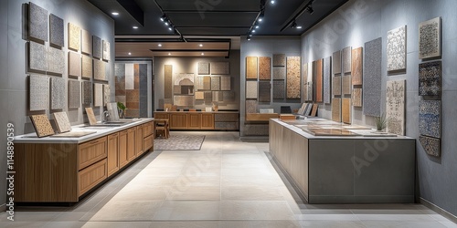 Modern tile showroom displays various flooring, wall tiles. Kitchen, bathroom options shown for home renovation, improvement. Different types of ceramic, marble, granite tiles featured. Showroom