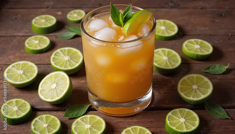 Refreshing lime cocktail with ice and mint on a rustic wooden table surrounded by lime slices Refreshing lime cocktail with ice and mint on a rustic wooden table surrounded by lime slices