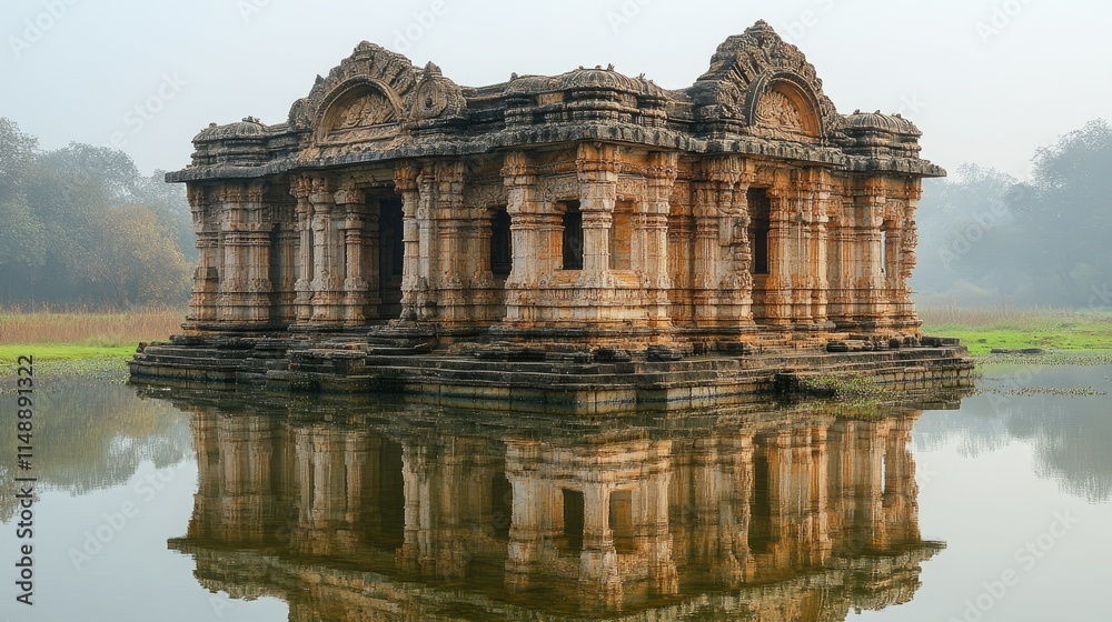 Majestic ancient temple reflecting in serene waters surrounded by misty landscape at dawn Majestic ancient temple reflecting in serene waters surrounded by misty landscape at dawn