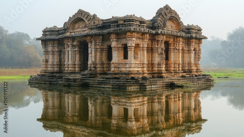 Majestic ancient temple reflecting in serene waters surrounded by misty landscape at dawn