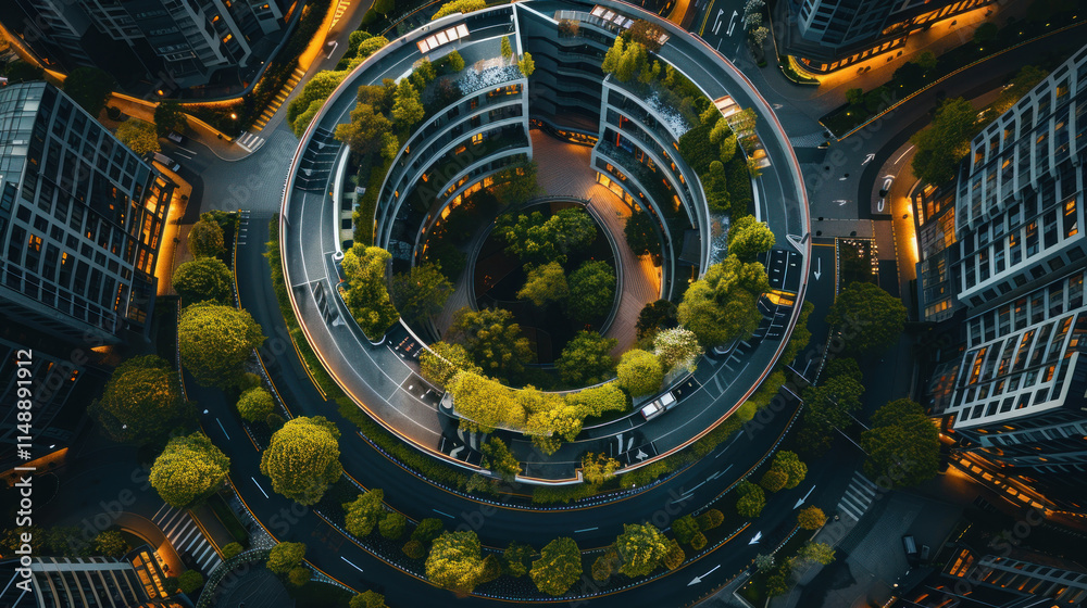 Fototapeta premium A bird's-eye view of a smart eco-city with circular design layouts