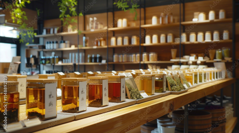 A boutique display of organic tea varieties, artistically presented with a focus on purity and sustainability, A boutique display of organic tea varieties, artistically presented with a focus on purity and sustainability,