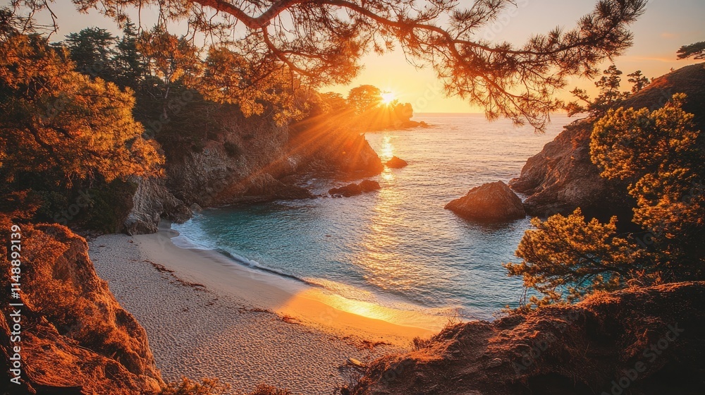 Breathtaking coastal sunset illuminating a secluded beach with gentle waves and lush trees framing the scenery Breathtaking coastal sunset illuminating a secluded beach with gentle waves and lush trees framing the scenery