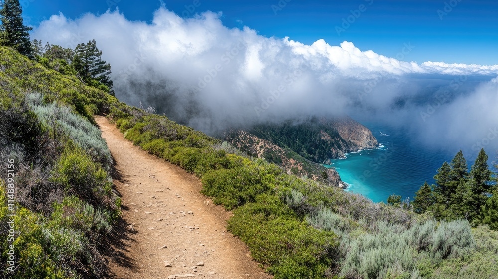Lush coastal trail overlooking the ocean and dramatic cliffs beneath a blue sky with clouds in a serene landscape