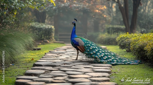 A majestic peacock strutting along a serene garden path adorned with green foliage and morning light