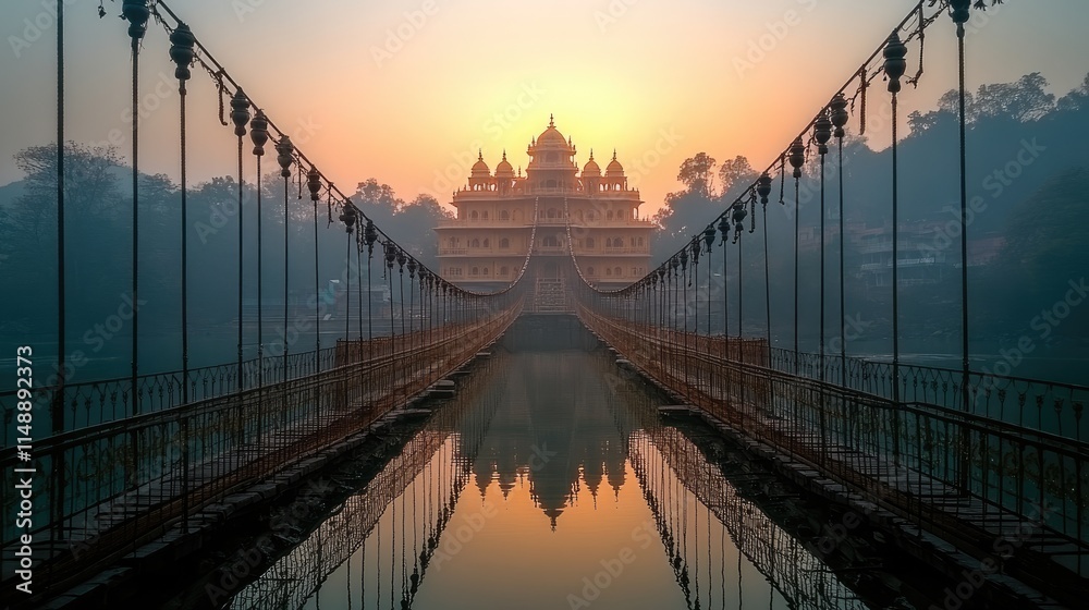 Obraz premium Serene sunrise view of a majestic temple with intricate architecture reflected in calm waters, framed by a suspension bridge.