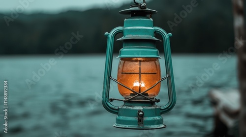 A lantern hanging from the prow of a small fishing boat photo