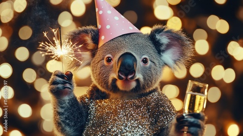 Koala New Year's Eve Celebration: A charming koala dressed in festive attire, enjoys the New Year's Eve sparkle with champagne and sparklers.