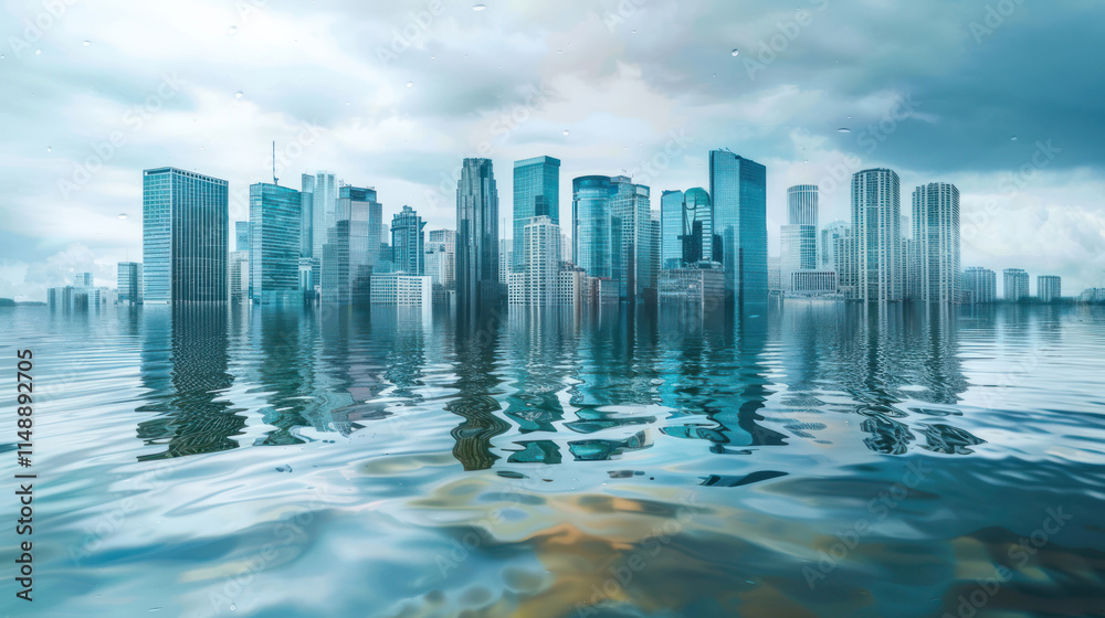 Fototapeta premium A city submerged halfway in water, with skyscrapers reflecting the rising sea levels due to climate change