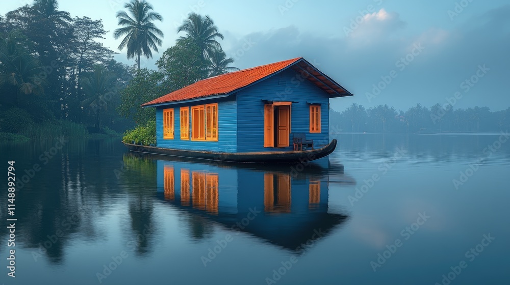 A serene view of a colorful houseboat surrounded by calm waters and lush tropical vegetation during the early morning light A serene view of a colorful houseboat surrounded by calm waters and lush tropical vegetation during the early morning light